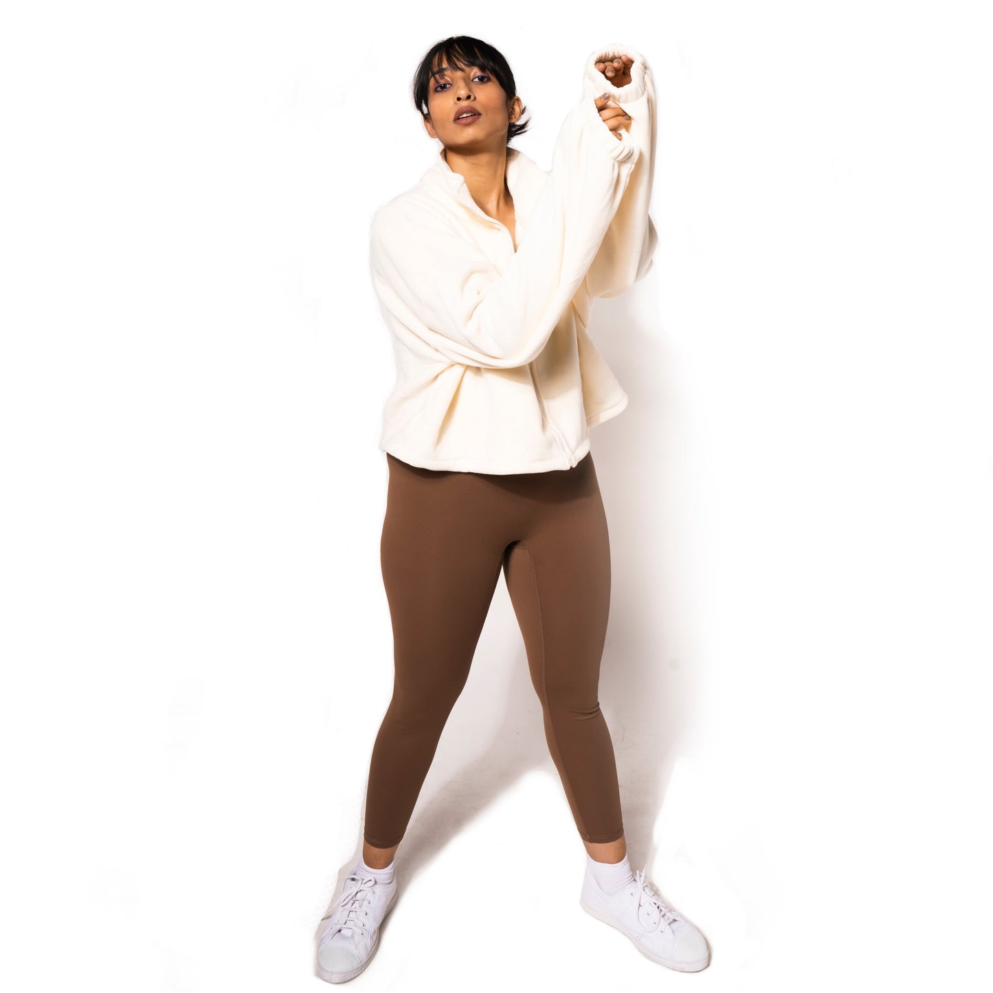 NECKLINE ZIP PULLOVER FLEECE SWEATSHIRT IN OFF WHITE