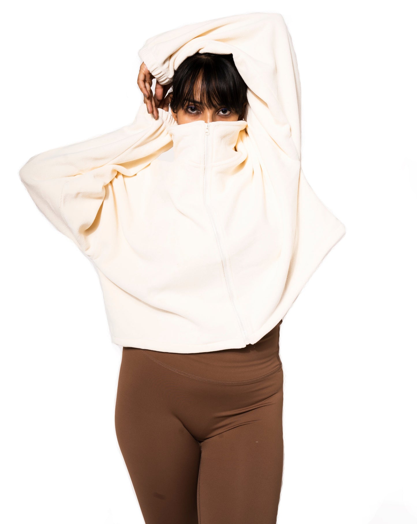 NECKLINE ZIP PULLOVER FLEECE SWEATSHIRT IN OFF WHITE