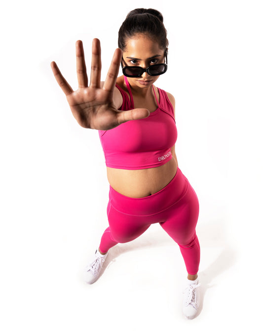 HALTER LINE DRAW STRING FITNESS BRA IN HOT PINK