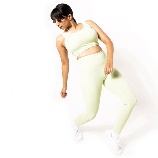 HALTER LINE DRAW STRING FITNESS BRA IN LIME GREEN
