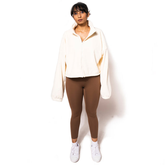 NECKLINE ZIP PULLOVER FLEECE SWEATSHIRT IN OFF WHITE